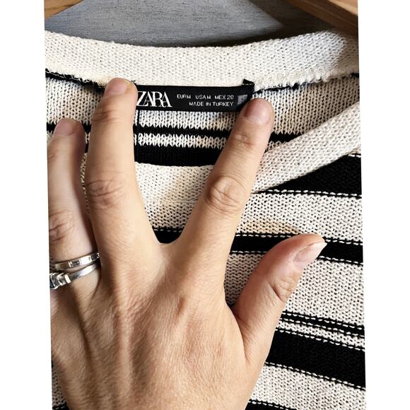 ZARA Crop Rustic Sweater Striped Long Sleeve Cotton White Black Crew Neck Medium - Picture 10 of 11